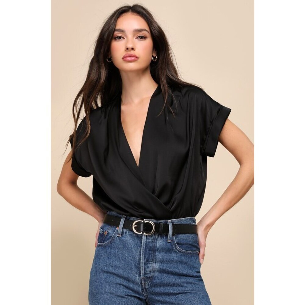 Lulus Posh Precision Black Satin Surplice Short Sleeve Bodysuit - Size XXL